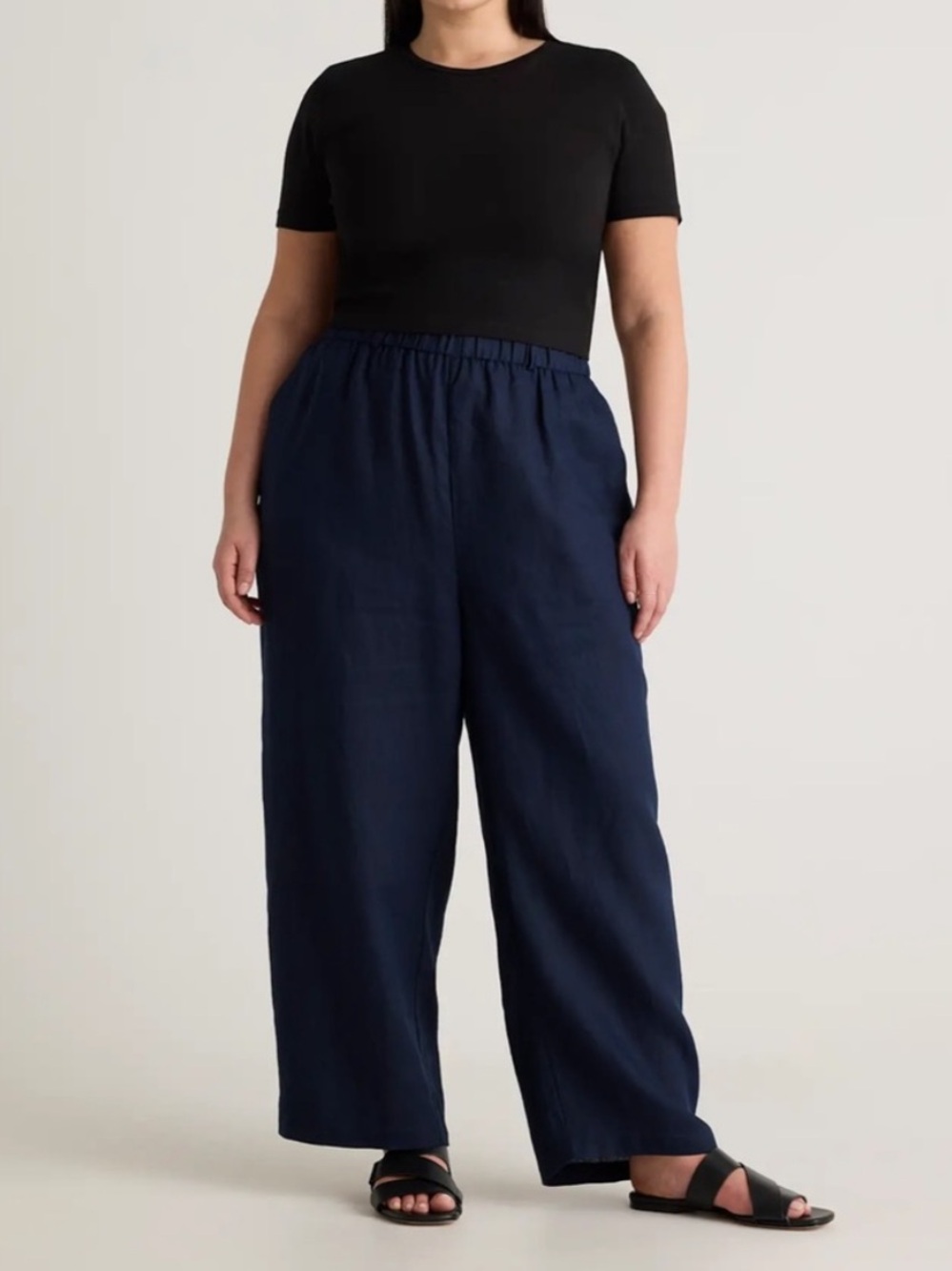 Quince European Linen Pants Wide Leg Ankle/Crop Pants Sz L Navy Minimalist